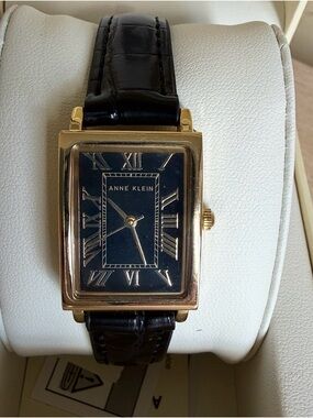 Anne Klein Black & Gold Rectangular Watch NWT Roman Numeral Vegan Leather Strap